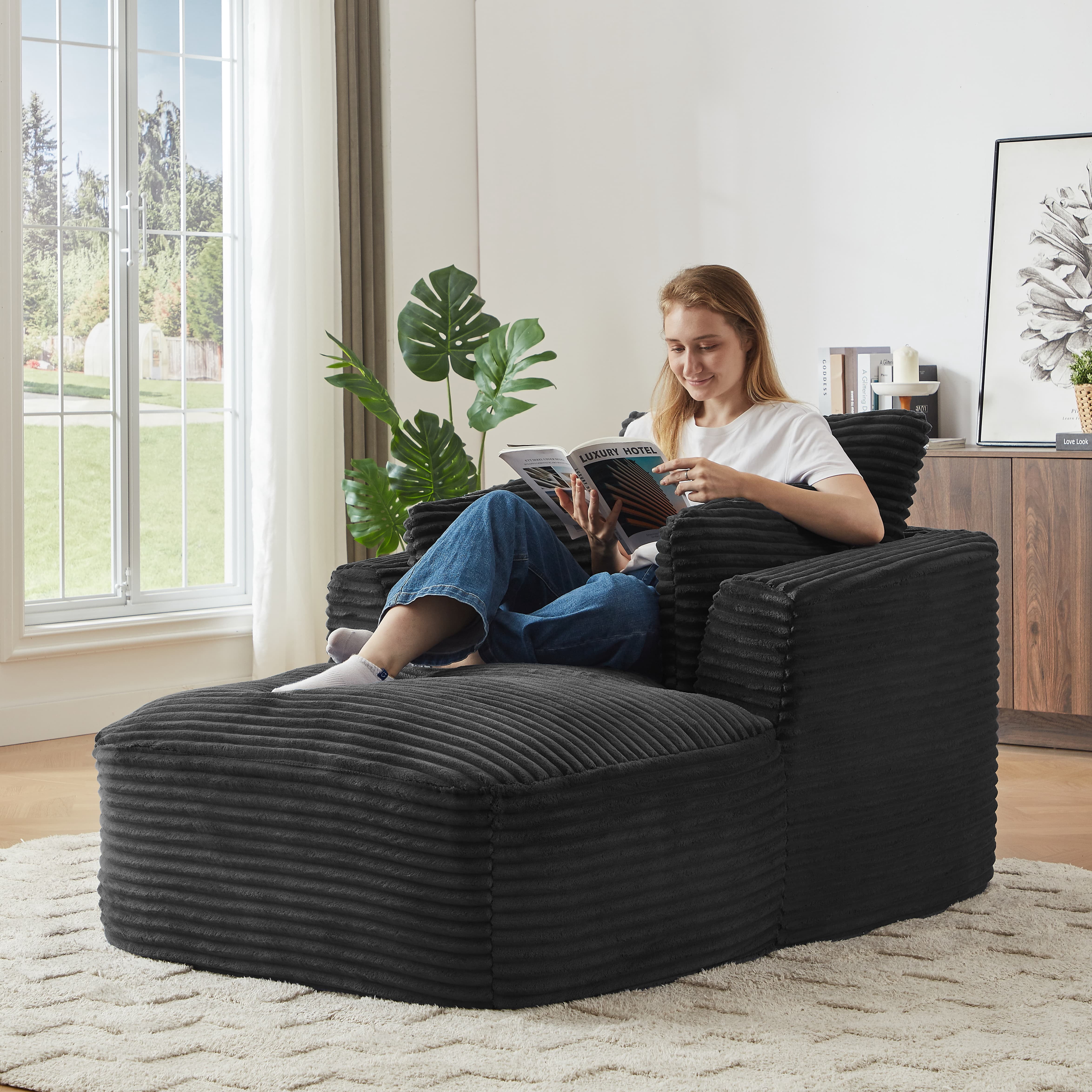 MAYEERTY Oversized Corduroy Chaise Lounge Sofa, Modern Couch with Spring Cushion for Apartment, 45*65*36"Black