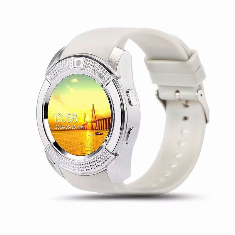V8 Bluetooth Smart Men Women Sport Watch Phone Mate Round Touch Screen SIM  GSM for Android iOS White 