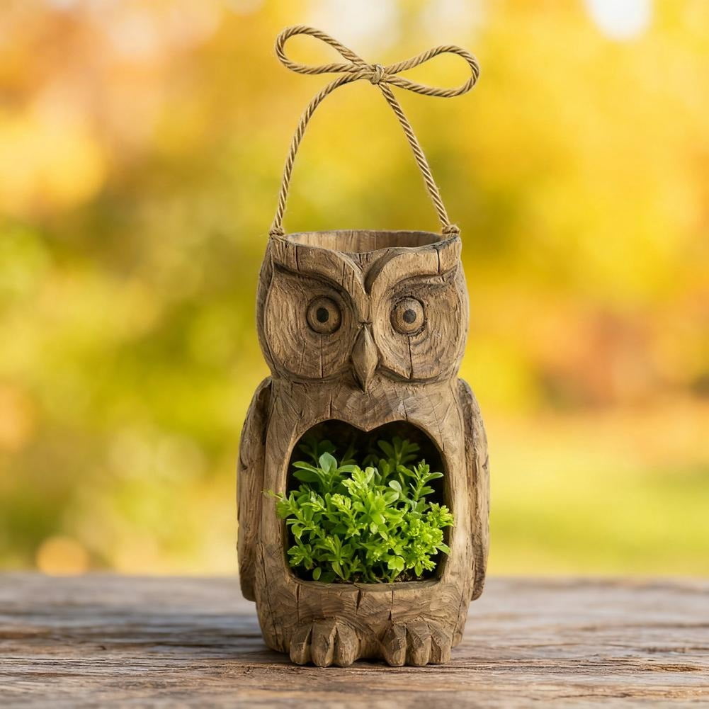 Resin Owl Bird Feeder for Outdoor Garden - Realistic Wood-Look Decorative Wildlife Feeding Station - Weatherproof Hanging Birdfeeder for Backyard & Patio