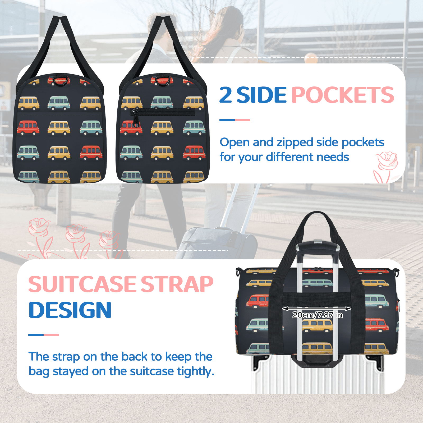 Herdesigns Bus Travel Duffle Bag Sports Yoga Weekender Overnight Carry on Workout Bags Lightweight Waterproof Gym Tote Bag for Women Transportation