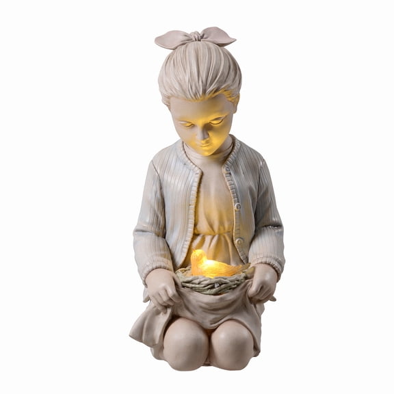 Sitting Girl W/ Bird Nest Lighted Garden Statue Solar Powered LEDs