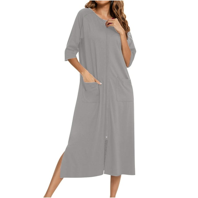 Batas de invierno para mujer, camisón cálido y camisón de invierno con cremallera y bolsillos, pijama holgado para mujer.