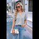thumbnail image 4 of Camisetas de Mujer con Cuello en V y Botones, Corta, Corte Holgado, Informal, de Verano, Gris , Talla S, 4 of 9