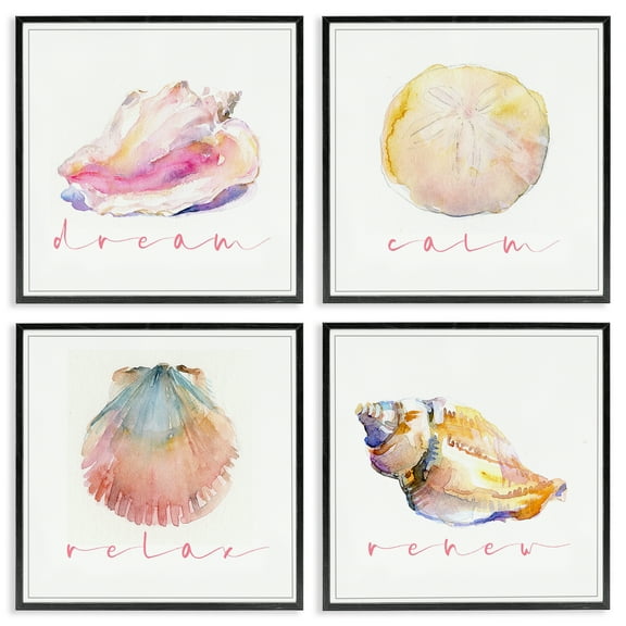 Stupell Industries Watercolor Seashells with Phrases Nautical & Beach Painting Black Framed Art Print Wall Art, 12 x 12, Set of 4