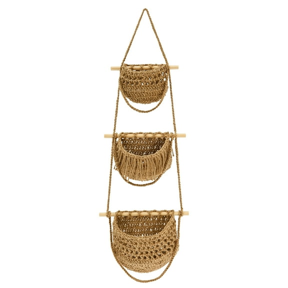 FKSZLL 3 Tier Hanging Fruit Basket Wall Hanging Vegetable Fruit Baskets for Kitchen Twine and Wood Woven Storage Basket for Home Kitchen Bedroom Bathroom