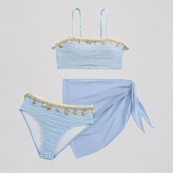 Krdevn Girls Three Piece Swimsuit Set Ribbed Textured Shell Tassel Bandeau Top Sheer Sarong Cover Up UPF 50 Summer Beach Pool Swimwear,7-8 Years