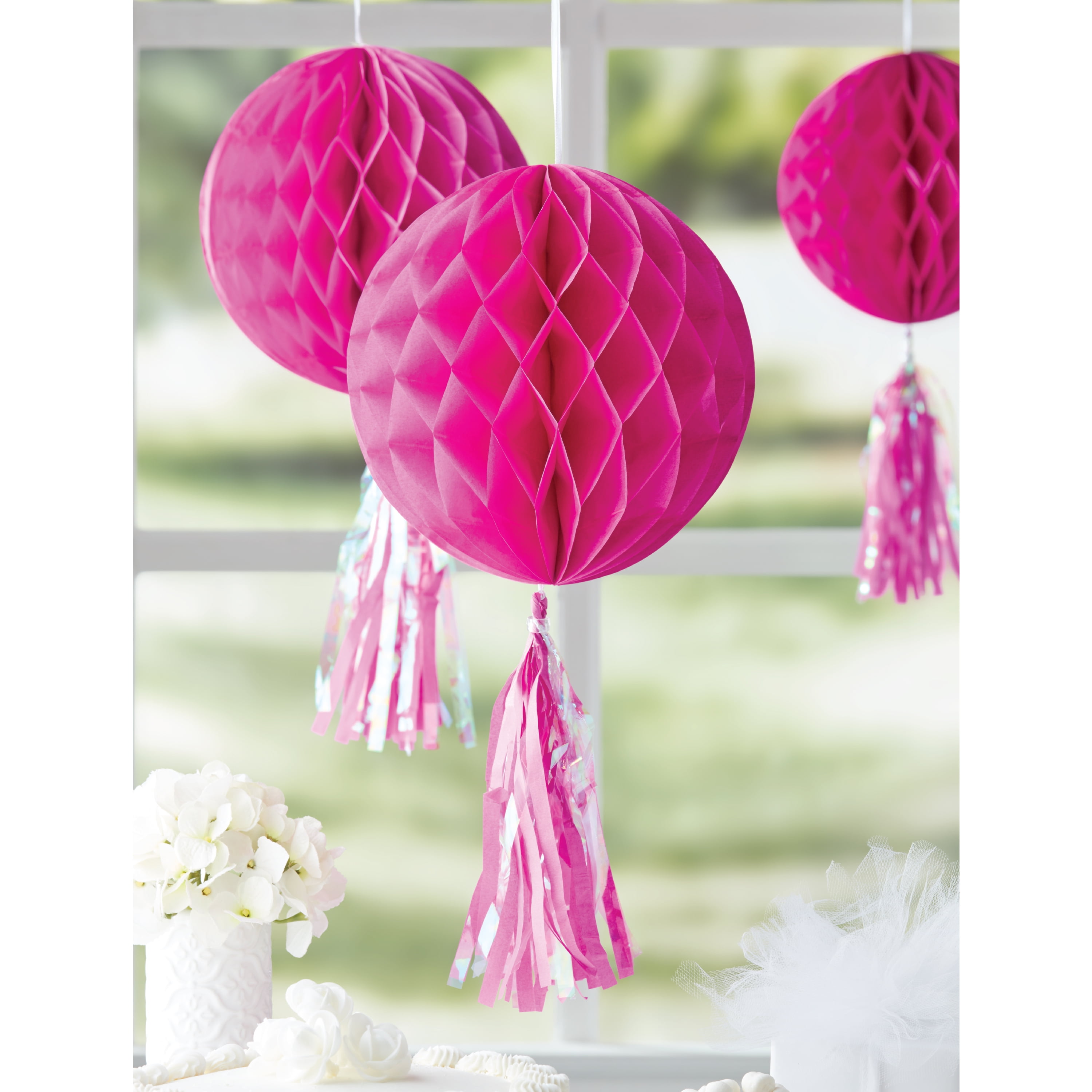 Pink Honeycomb Ball Hanging Decoration with Fringe Tassel  10" x 9" by Way to Celebrate