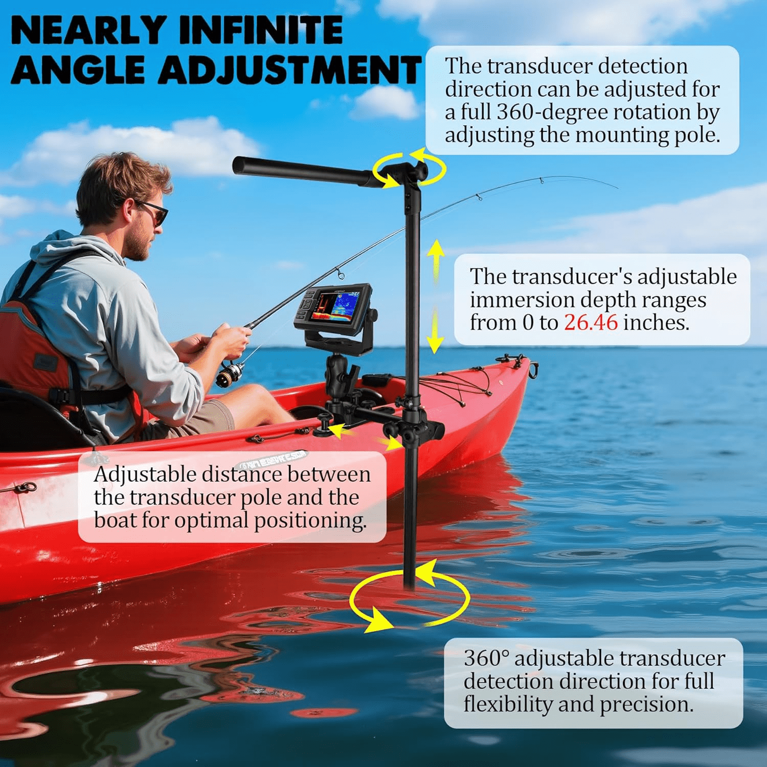 VINmounts Upgrade Livescope Transducer Pole Mount for Kayak, 360° Adjustable Live Scope Pole with Drill-Down T-Track Base, Marine-Grade Aluminum Mount for lvs34 Transducer