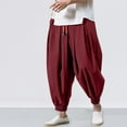 thumbnail image 2 of Mens Hippie Harem Pants Baggy Linen Stretchy Waist Drop Crotch Lightweight Pants Loose Spring Summer Red XXL, 2 of 6