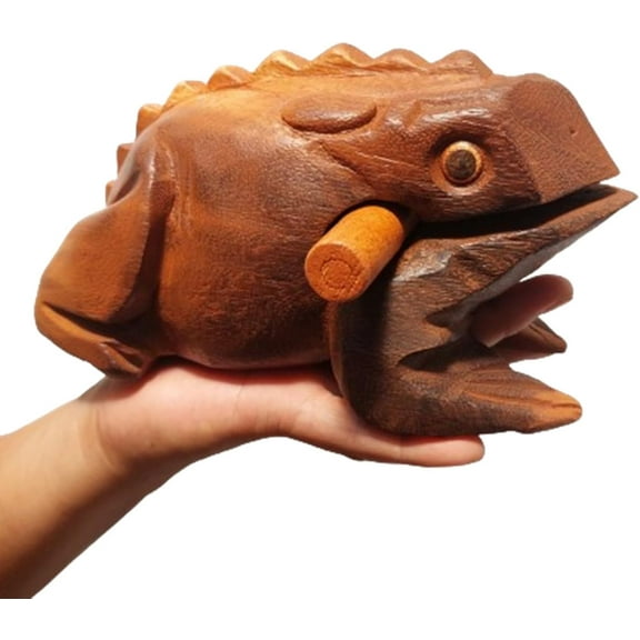 Extra Large 9" Wood Frog Guiro Rasp Percussion Instrument Tone Block Wooden Good Luck Frog Animal Shaped Figurine Handcraft Musical Instruments from Thailand Home Office Decoration (Tan)