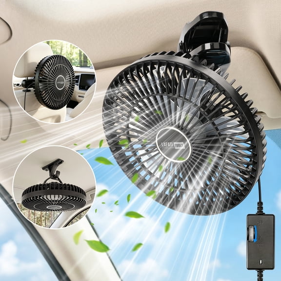 9 Inch Portable Car Fan, Lafati 12V Universal Electric Vehicle Fan with Stepless Speed Control, 3-in-1 Headrest Mount & Clip, 360° Rotation Quiet Cooling for Car SUV RV Van Sedan