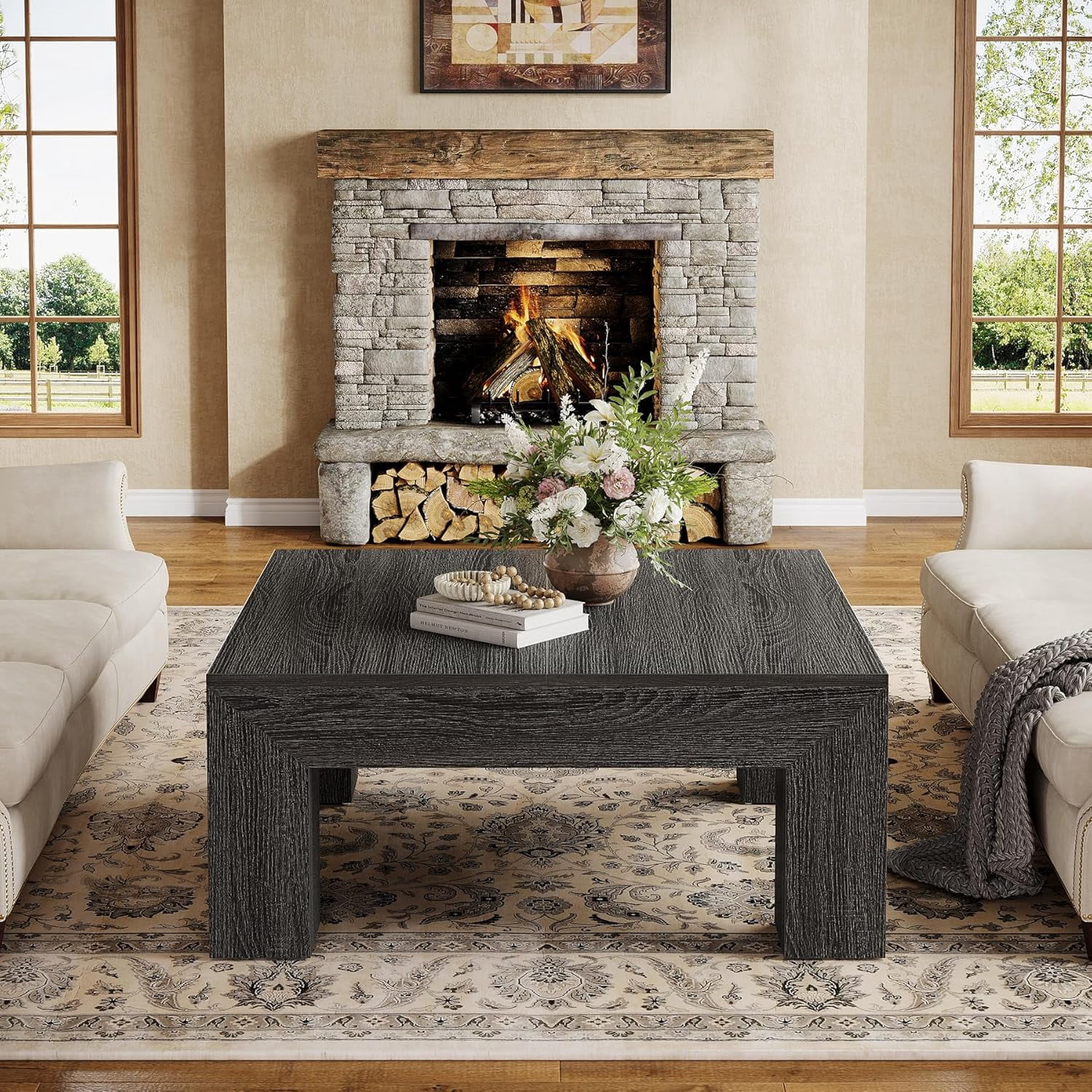 Tribesigns 39.4" All-Wood Coffee Table: Farmhouse Style Accent Centerpiece for Living Room with Sturdy Legs, Rustic Grey
