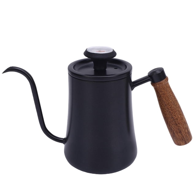 600ML Stainless Steel Coffee Pot with Temperature Meter Wood Handle Long Spout Rustproof and High Temperature Resisting