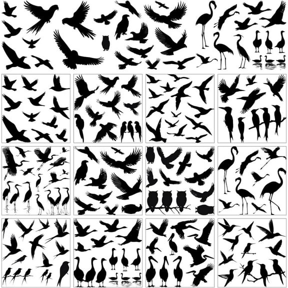 12 Sheets Bird Silhouette Rub On Transfer Stickers Black Bird Decoration Featuring Various Species in Flight and Perched Bird Strikes for Glass Cups Party Accessory 5.5 x 5.5 Inches