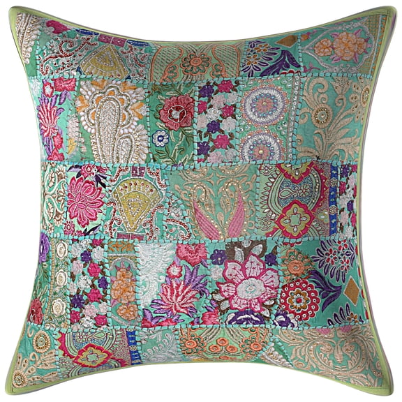 Stylo Culture Ethnic Bohemian Cotton Parrot Green Large Throw Pillow Covers 24x24 Patchwork Vintage Soft Throw Pillow Covers Abstract Floral 60x60 cm Decorative Cushion Covers (1 Pc)