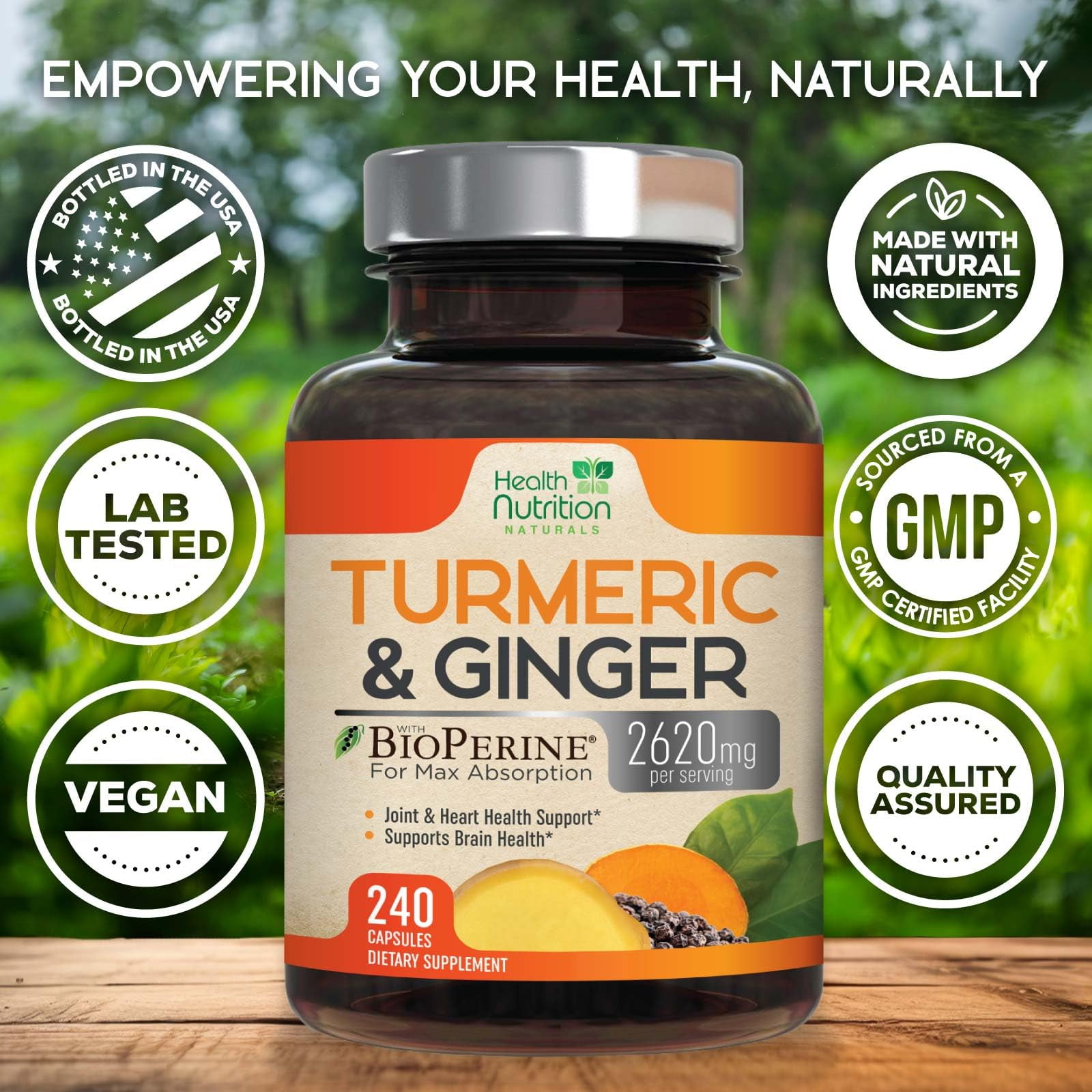 Turmeric Curcumin Supplement - 2200mg Curcumin Complex Per Serving - 95% Curcuminoids, Organic Ginger & BioPerine Black Pepper for Best Absorption & Joint Support, Bottled in USA - 240 Capsules