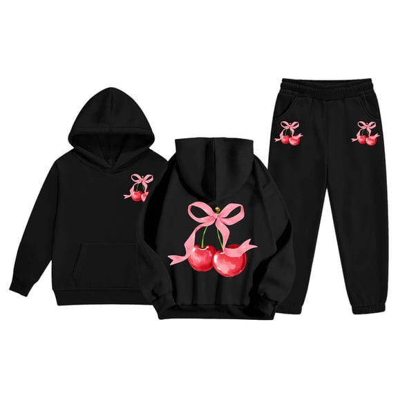 WOYY Toddler Girls Fleece Tracksuit Cherry Print Hoodie Sweatpants Outfit Set, Sizes 2-3T