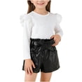thumbnail image 2 of Conjuntos de blusas y camisas de cuello redondo y manga larga para niña Top de manga larga con cuentas de color liso con bolso abierto de cuero Pantalones cortos Cinturón Conjunto de tres piezas Conju, 2 of 9