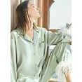 thumbnail image 1 of Conjunto de pijama de satén para mujer, ropa de dormir de un solo pecho con cuello vuelto, con plumas, Color liso, 1 of 3