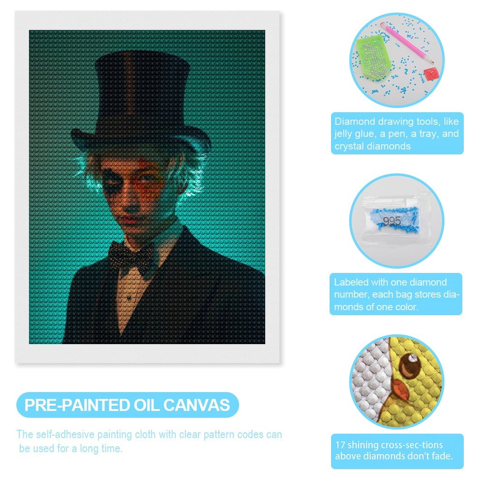 Diamond Art Kits for Adults, Top Hat Colorful Face Paint 5D Diamond Painting Kits for Adults Beginners, DIY Full Drill Diamond Painting, Gem Art and Crafts 12x16