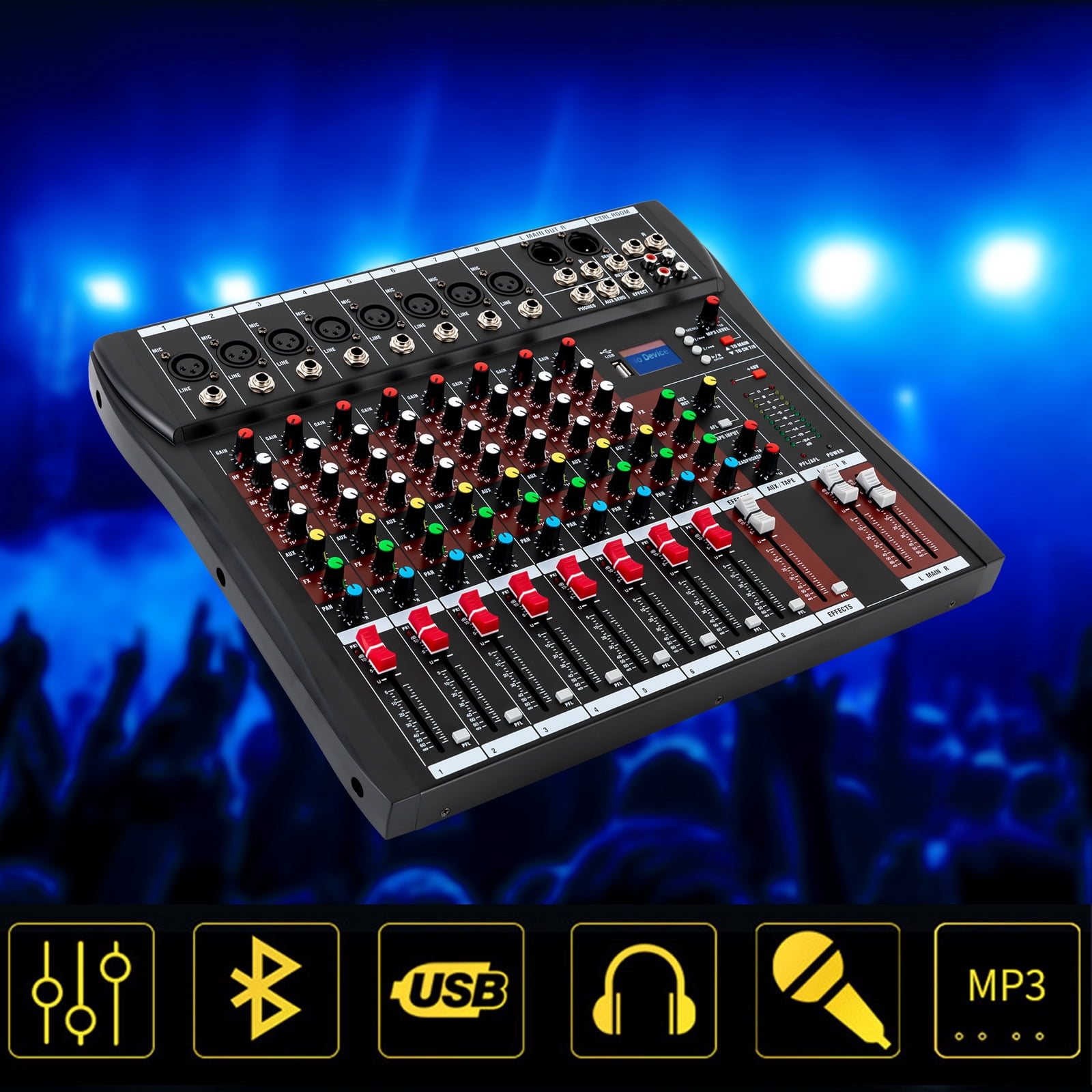 Professional Audio Mixer with 8 Mic Inputs, 3-Band Equalizer, 6 Built-in Music Styles, Real-time Monitoring, Ideal for Sound Customization