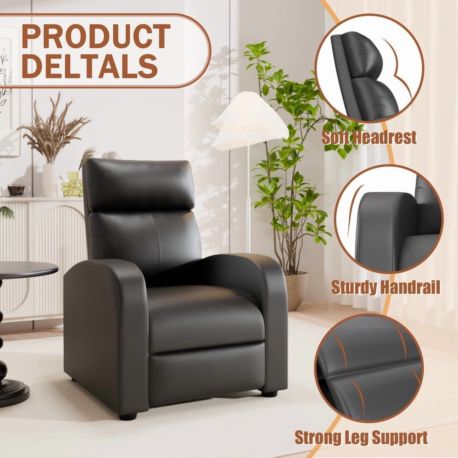 Furmax Recliner Chair Pu Leather Single Sofa Home Theater Recliners with Lumbar Support for Living Room,PU Black