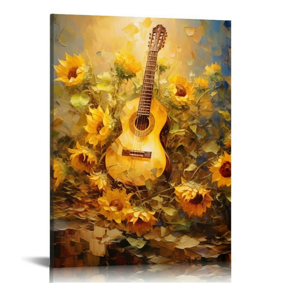 QCPP Guitar Wall Art Modern Sunflowers Canvas Prints Music Pictures Musical Themed Canvas Picture Art Work to Hang for bedroom Living Room office Wall Home Decor Decoration Framed