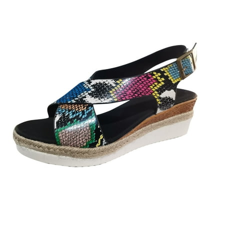 

Womens Ethnic Boho Platform Wedges Snakeskin Print Slingback Comfy Espadrille Sandals Strappy Slide On Shoes for Beach