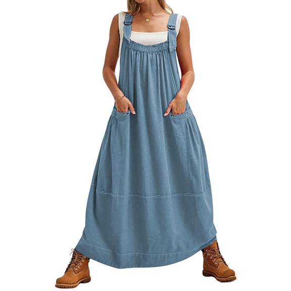 PUWEI Women's Loose Overall Dress Adjustable Straps Casual Barrel Midi Dress Bib Romper with Pockets