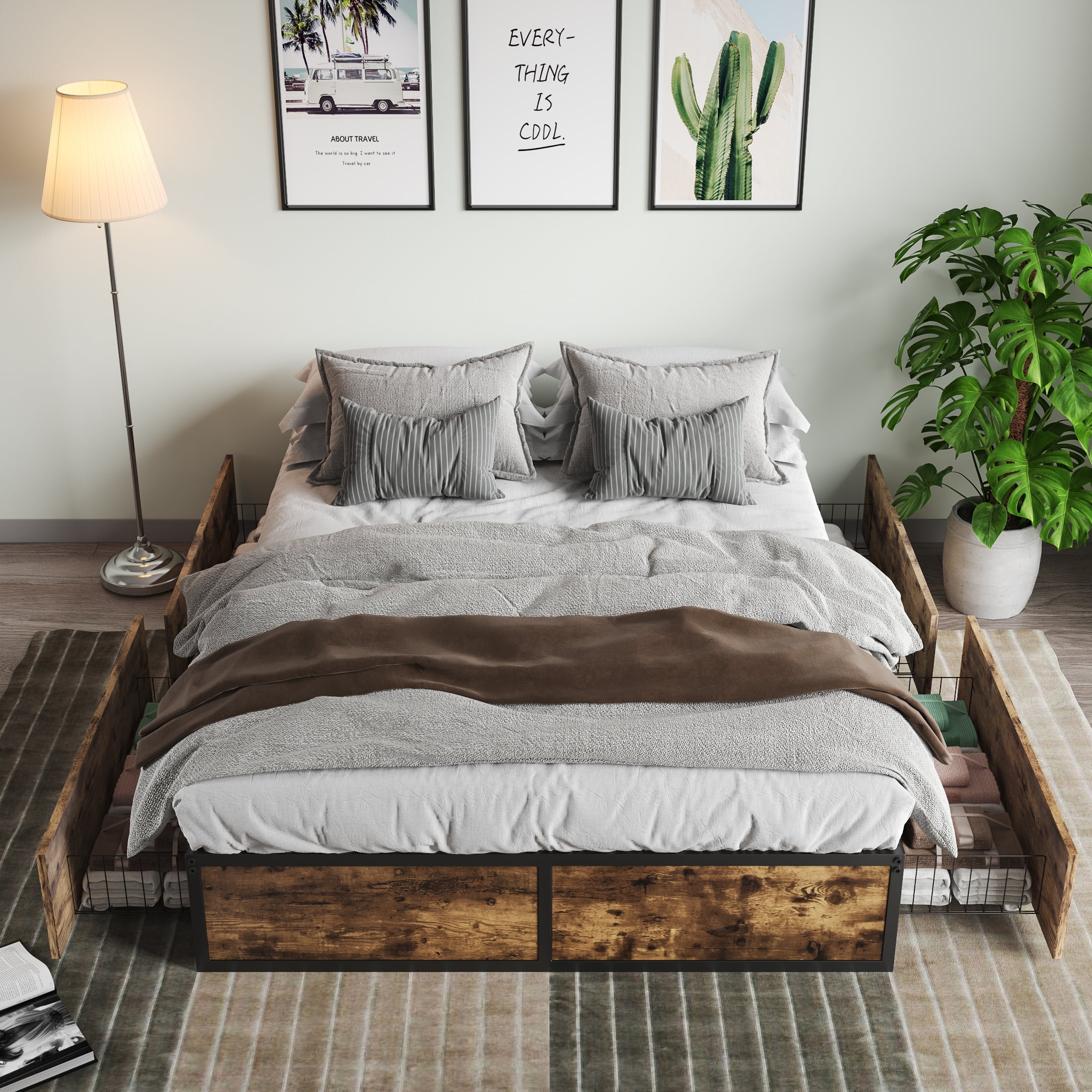 Amolife Size Platform Bed Frame with 4 Sliding XL Storage Drawers and Metal Slat Support, Industrial Style, Rustic Brown - Walmart.com