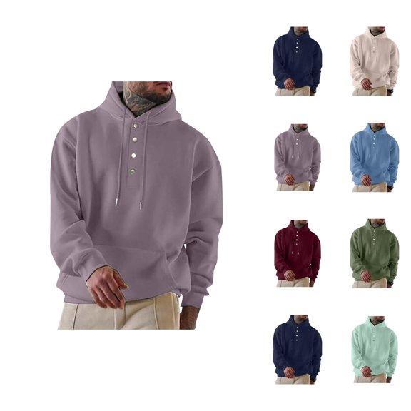 Male Autumn And Winter Long Sleeve Sweatshirt Hooded Button Down Round Neck Solid Color Top Men Cotton Fleece Hooded Sweatshirt