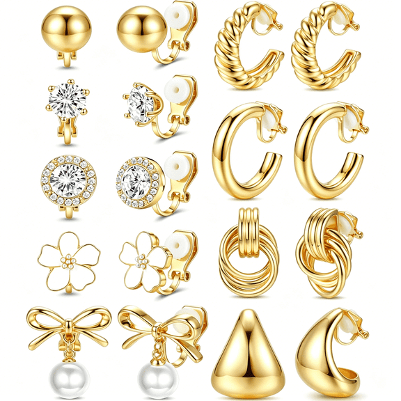 DESIGNICE Clip on Earrings for Women 14K Gold Plated Clip Earrings Non Pierced Ears Clips Cz Pearl Knot Twist Chunky Hoop and Studs Earring Set Hypoallergenic Fake Earings Jewelry