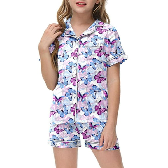 Tween Boy Silk Pajamas Set Butterfly Button Down Homewear Set Silk Pajamas Outfits Girls Satin Pajamas Size 10-11 Years