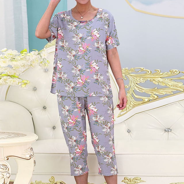 Qtocio Ensemble de Pyjama pour Femmes, Ensemble de Sommeil Estival 2 Pcs à Manches Courtes, Col Rond, Haut et Pantalon, Tenue de Détente Décontractée à Imprimé