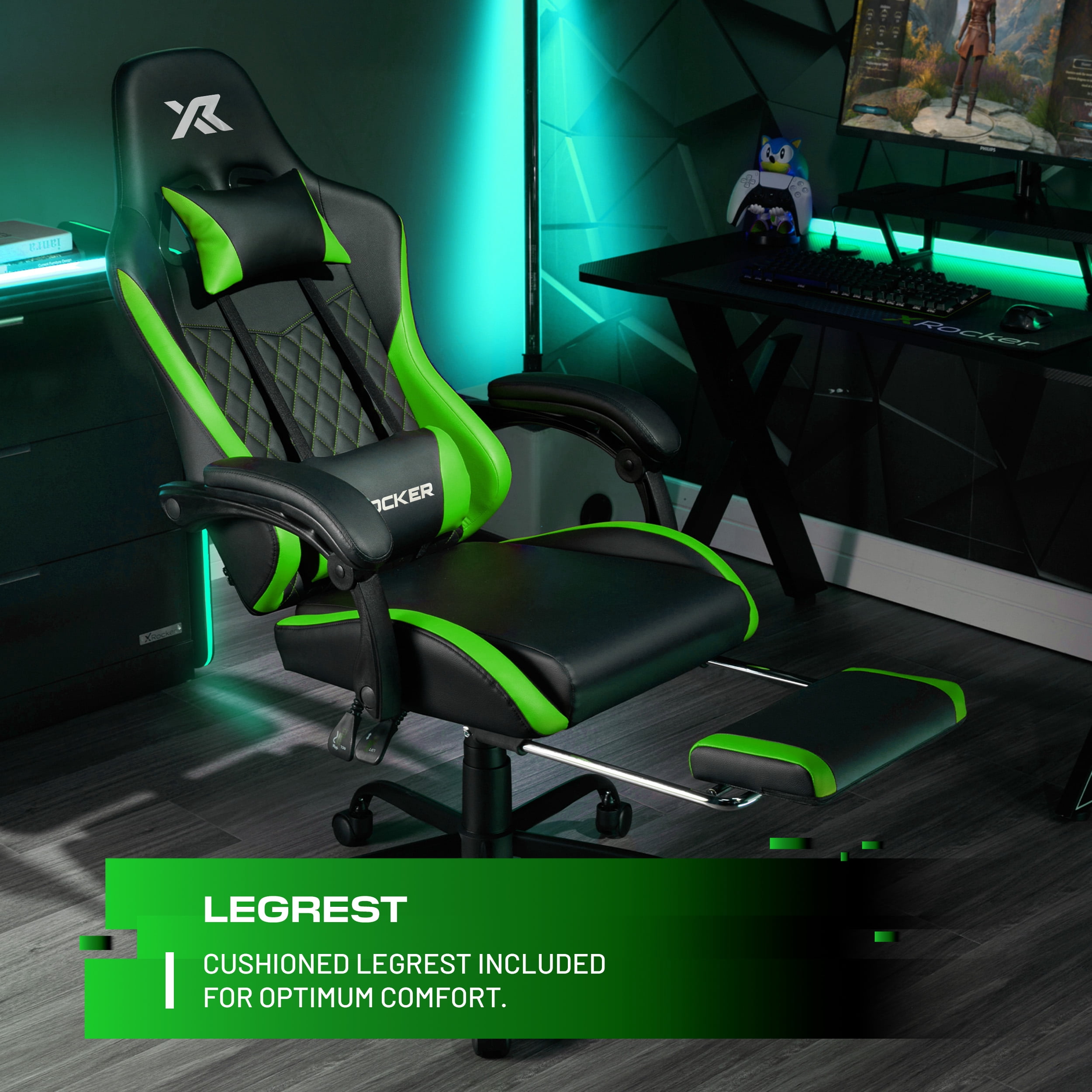 X Rocker Apex PC Gaming Chair with Massage Function and Footrest, Green