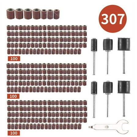 307 Pieces Drum Sander Set Sanding Drum Kit 300 Pieces Sanding Band Sleeves (80 /120 /240 )   6 Pieces Drum Mandrels for Rotary Tool (2.35Mm/3.17Mm)  1 Combination Wrench