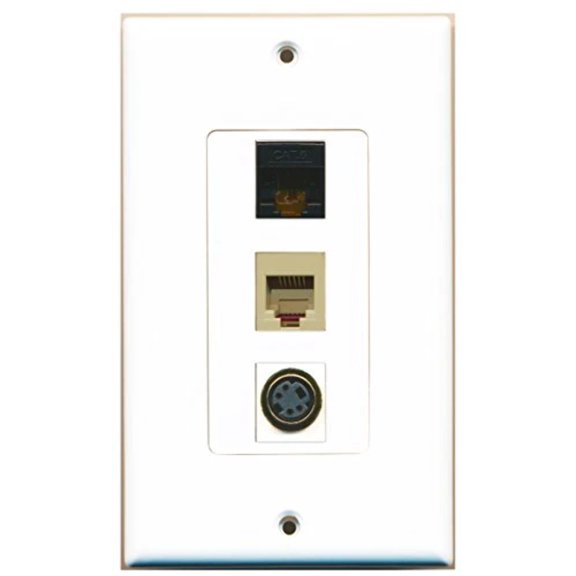 RiteAV - 1 Port Phone RJ11 RJ12 Beige and 1 Port S-Video and 1 Port Cat6 Ethernet Black Decorative Wall Plate Decorative