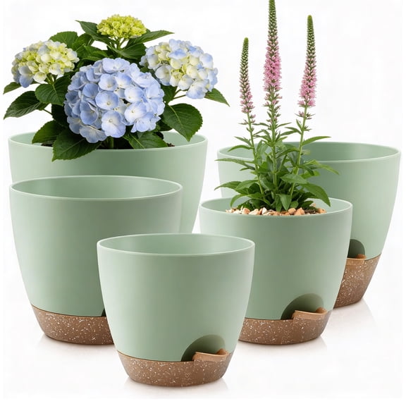 Ngardk Plant Pot, Plastic Flower Pot, Pots for Plants, Pack of 5, 7/6.5/6/5.5/5 inch, Green
