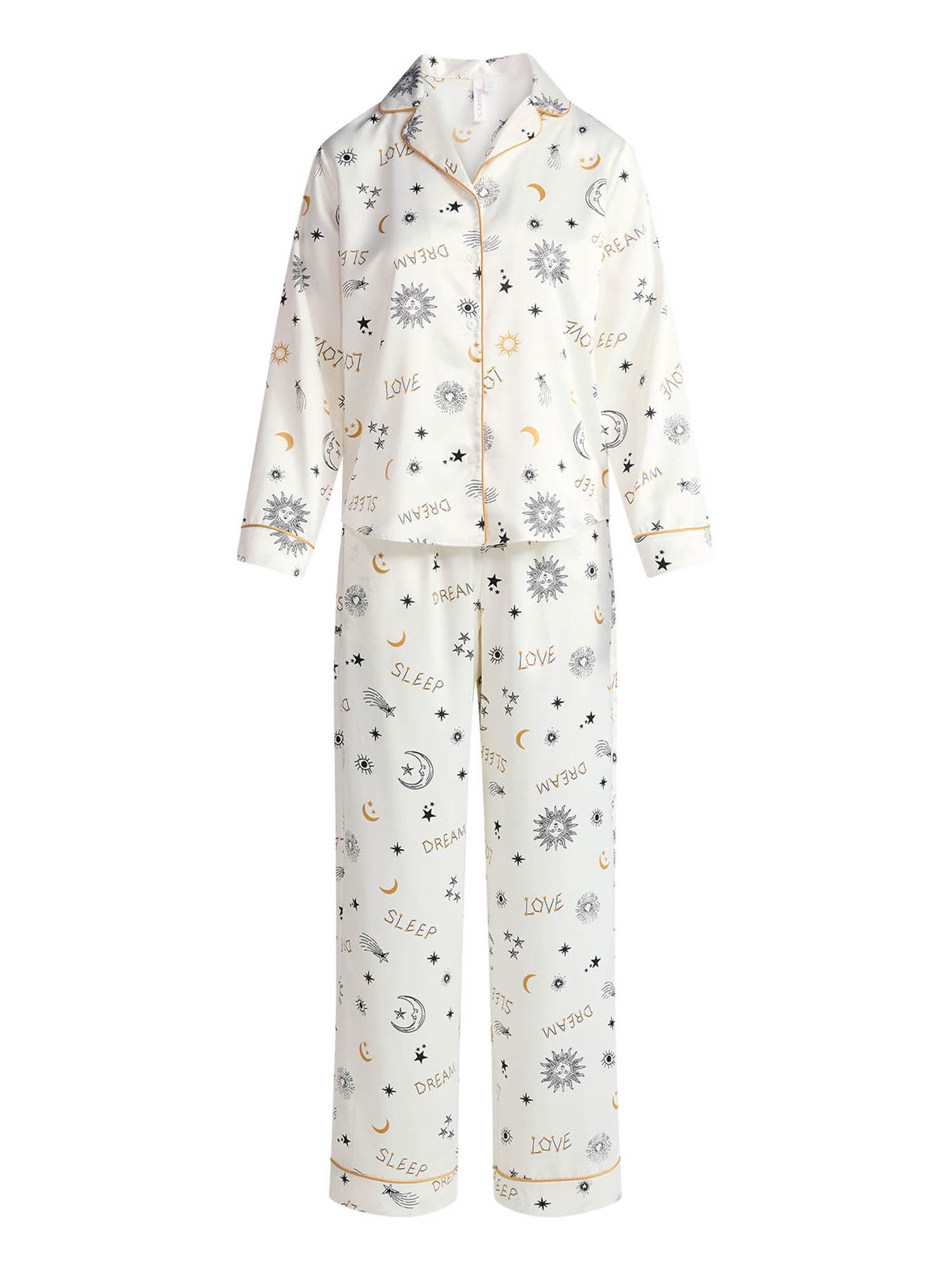 Joyspun Women’s Stretch Satin Notch Long Sleeve Top and Pants Pajama Set, 2-Piece, Sizes XS-3X