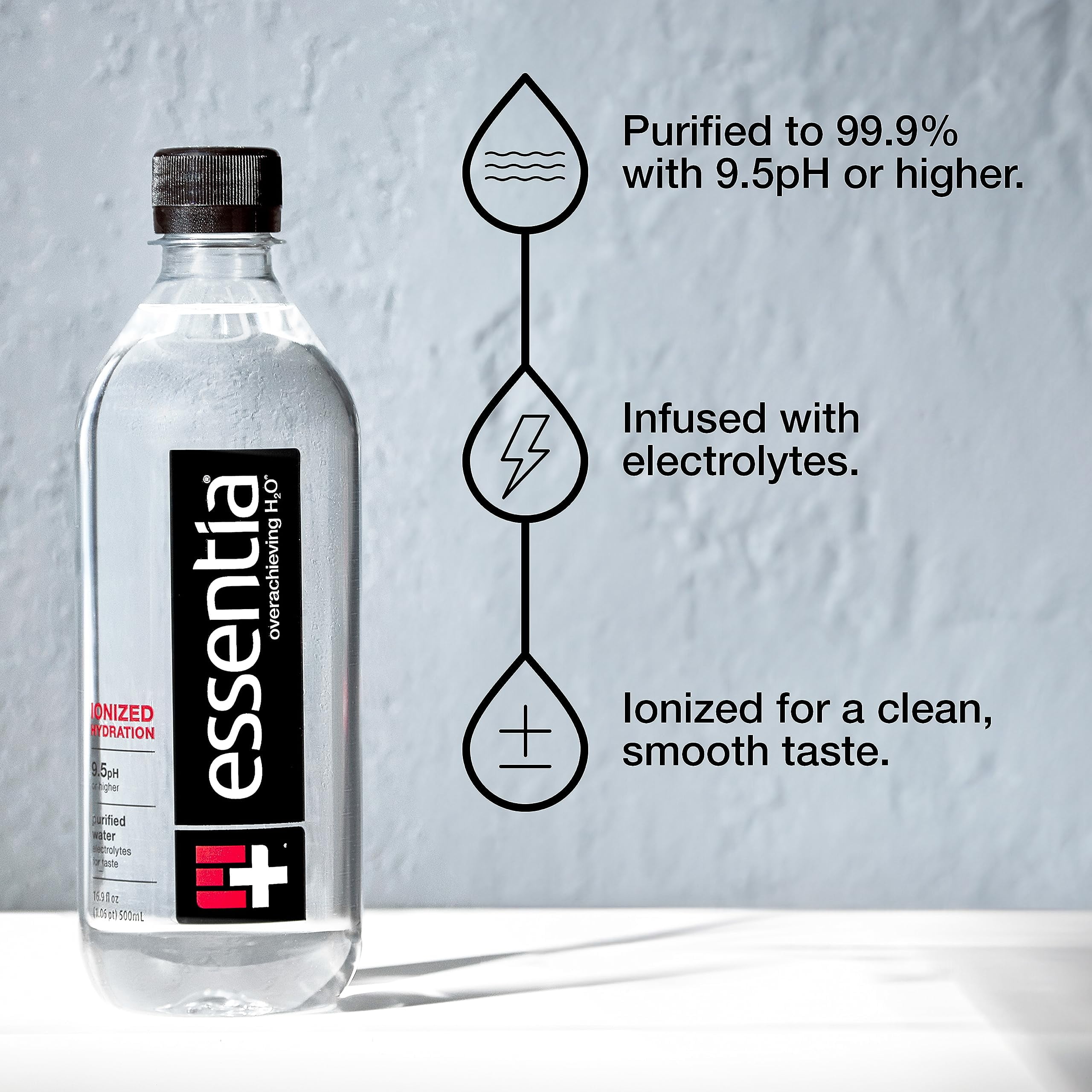 Essentia Water; Ionized Alkaline Bottled Water; 99.9% Pure; 9.5 pH or Higher; Consistent Quality in Every BPA and Phthalate-Free Bottle; 12 Fl Oz (Pack of 12)