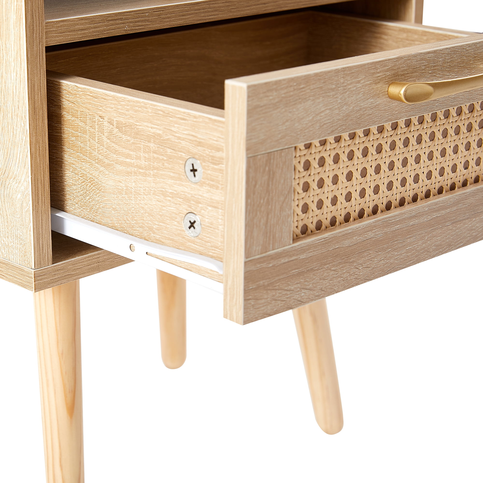 Kepooman Rattan Nightstand, 15.75" Bedside Table with Drawer and Solid Wood Legs, Wood End Table for Bedroom, Natural Kepooman Rattan Nightstand, 15.75" Bedside Table with Drawer and Solid Wood Legs, Wood End Table for Bedroom, Natural
