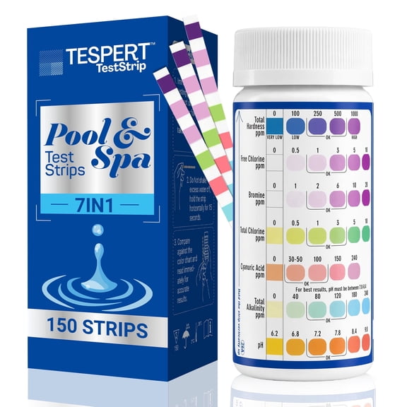 7-Way Pool Test Strips, 150 Strips Water Chemical Testing for Hot tub and Spa, Accurate Test Bromine, Total Alkalinity, pH, Free Chlorine, Total Hardness, Cyanuric Acid, and Total Chlorine