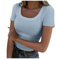 thumbnail image 2 of Lixiuxyad Womens Summer Short Sleeve Tops Square Neck Ribbed Slim Fitted Shirts Casual Tee Tshirt Summer Tee Shirts,Blue M, 2 of 7