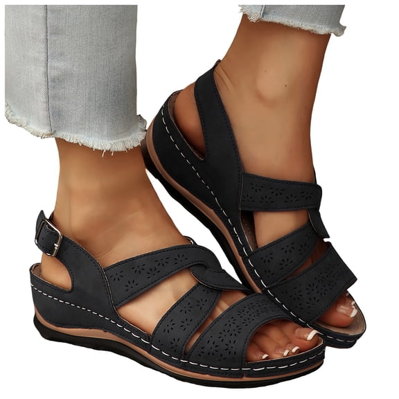 Rokment Womens Orthopedic Platform Wedge Dress Sandals 2026 Boho Beach Comfortable Leather Orthotic Arch Support Mid Heel Walking Summer Shoes for Woman A Size 6