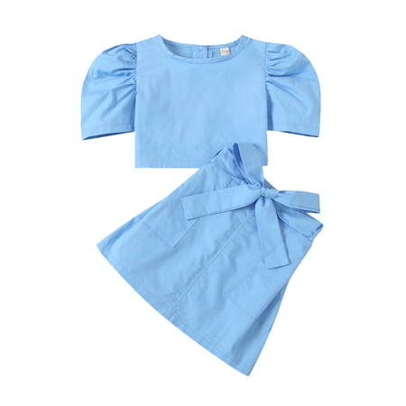 

Kiapeise Baby Girl Puff Short Sleeve Tops + Bow Skirt Blue Clothing Set