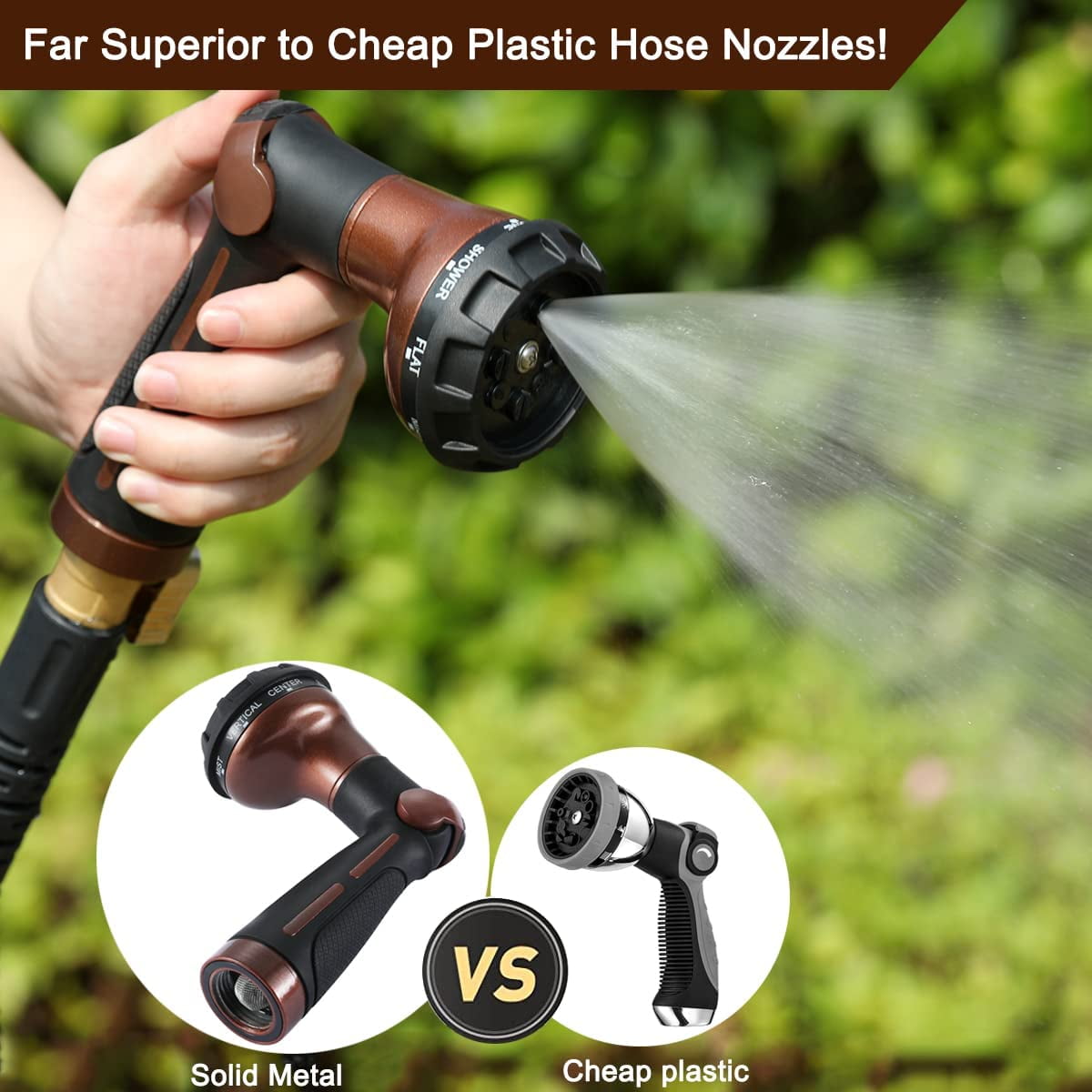 FANHAO 100% Heavy Duty Metal Garden Hose Nozzle, 8 Spray Patterns Watering Nozzle for Thumb Control