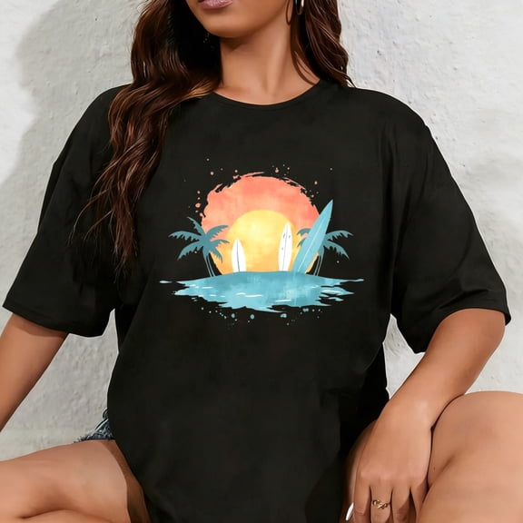 100% Cotton Graphic T Shirts for Women, Vacation Sunset Beach Cotton Girls Tees Short Sleeve Crewneck Summer Gym Casual Tops