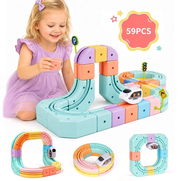 Freecat 59PCS Magnetic Race Track Car Set for Kids Ages 3 , Pastel Train Toys Vehicle Playset, STEM Educational Toy for Kids Ages 3 , Ideal Christmas Birthday Gift for Girls 3-8 Years.