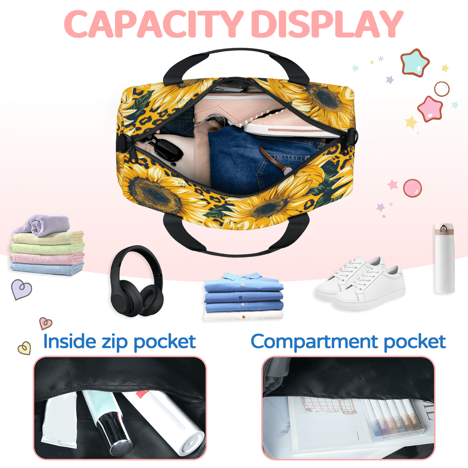 Herdesigns Leopard Print Sunflower Gym Bag for Women, Duffle Bag for Travel Sport, Floral Print Lightweight Waterproof Carry on Weekender Dance Yoga Workout Bags
