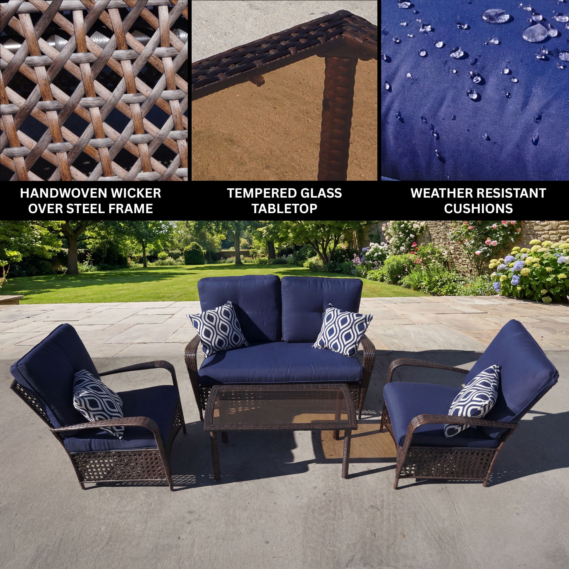 Belle Patio Amber 4-Piece Wicker Outdoor Patio Furniture Conversation Set with 4 Seats, Tempered Glass Coffee Table, White & Navy Cushions